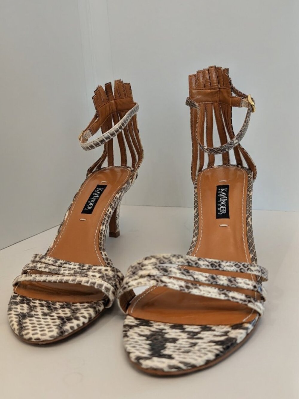 Kay Unger Snake-Print Ankle-Strap Mid Heel Sandals - Brown/White
